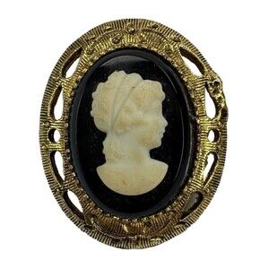 Vintage Cameo Gold Tone Filigree Plastic Black White Oval Brooch Pin